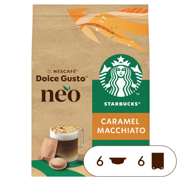Pack éco-responsable de dosettes de café compostables et sachets de lait en papier NESCAFÉ® Dolce Gusto® NEO STARBUCKS® Caramel Macchiato thumbnail