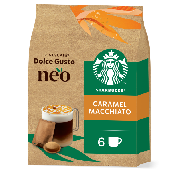 Pack éco-responsable de dosettes de café compostables et sachets de lait en papier NESCAFÉ® Dolce Gusto® NEO STARBUCKS® Caramel Macchiato