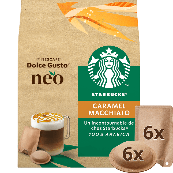 Pack éco-responsable de dosettes de café compostables et sachets de lait en papier NESCAFÉ® Dolce Gusto® NEO STARBUCKS® Caramel Macchiato