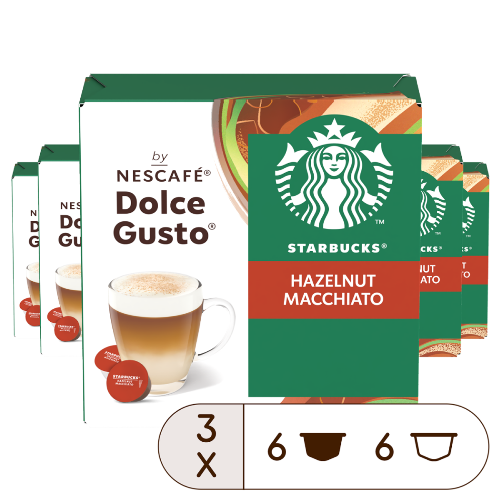 Tasse et capsule Starbucks® Hazelnut Macchiato sur fond blanc Tasse et capsule Starbucks® Hazelnut Macchiato sur fond blanc