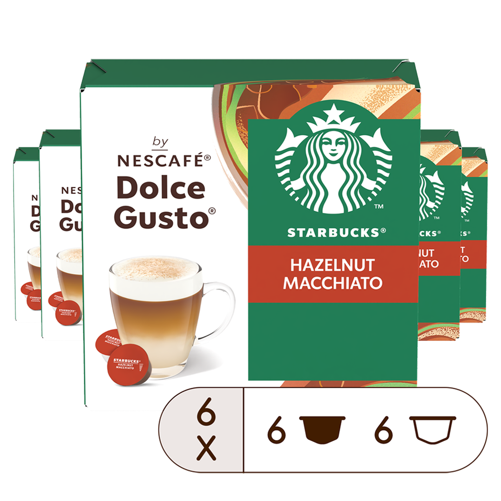 Tasse et capsule Starbucks® Hazelnut Macchiato sur fond blanc