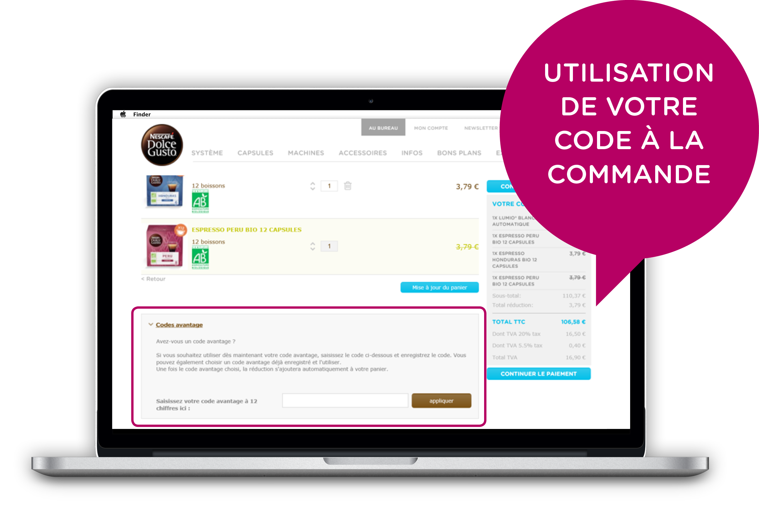 J’utilise immédiatement mon code dans une commande