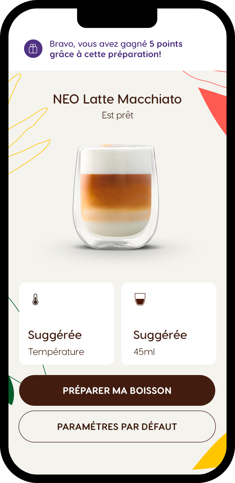 Téléphone portable montrant l'application NESCAFÉ® Dolce Gusto® avec la personnalisation de boisson