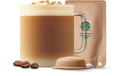 Starbucks® Toffee Nut Latte accompagné d'une dosette à base de papier.
