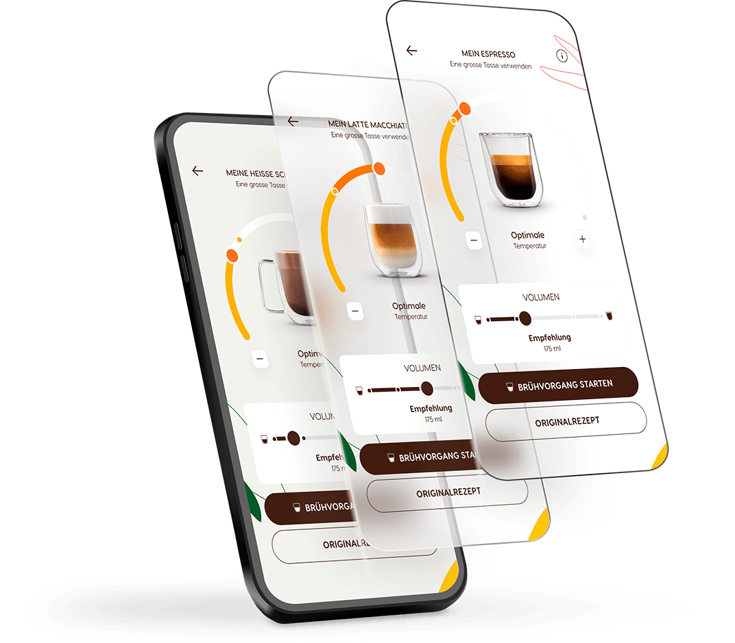 Drei Smartphone-Bildschirme zeigen die Anpassungseinstellungen für verschiedene Getränke an.