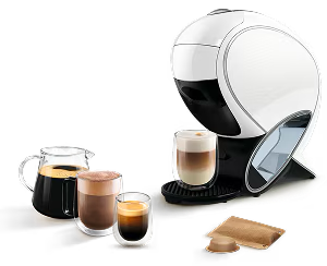 Une machine NEO Latte blanche avec différentes boissons NEO.