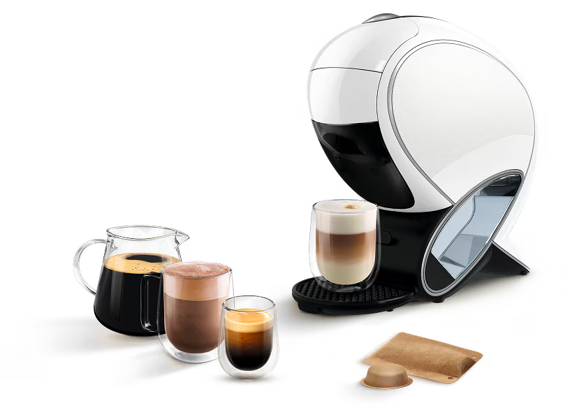 Une machine NEO Latte blanche avec différentes boissons NEO.