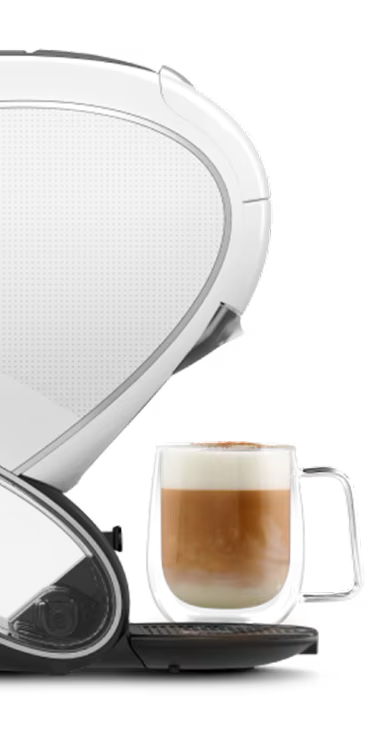 Un duel direct entre une machine à café NEO Latte blanche et une machine NEO Caffè noire. Un doigt d’extraterrestre flotte entre eux.