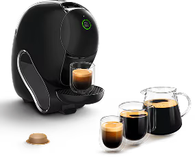 Une machine NEO Caffè noire avec des cafés noirs NEO.