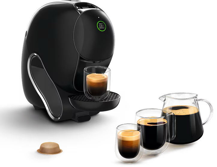 Une machine NEO Caffè noire avec des cafés noirs NEO.