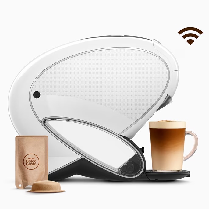 Machine à café intelligente NEO Latte blanche avec icône Wi-Fi.